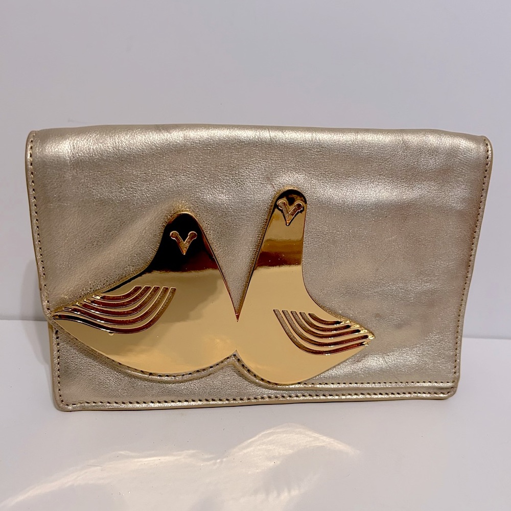 Jonathan Adler Gold Leather Clutch Wristlet with Metal Birds